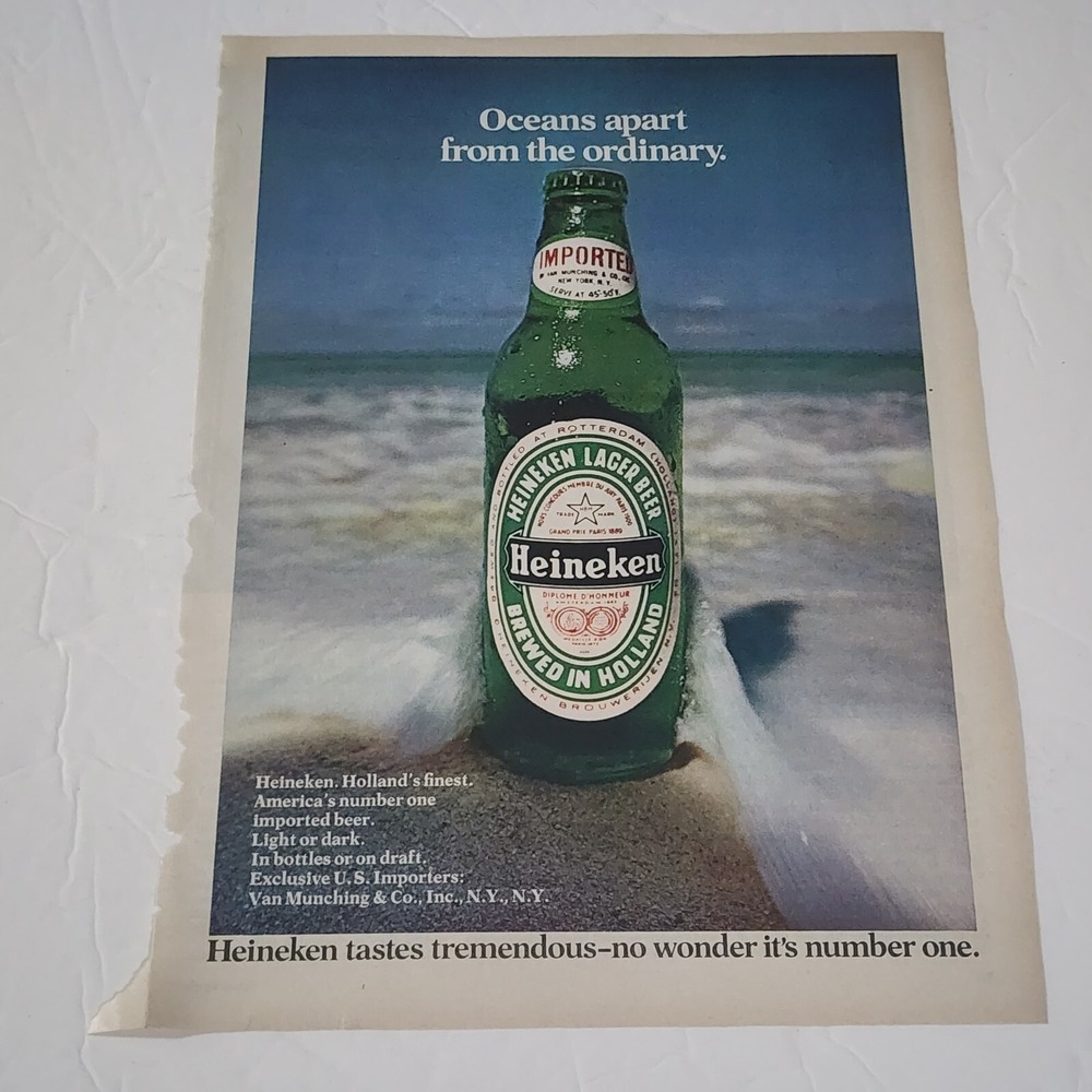 Vintage 1970s Heineken Lager Beer Print Ad Holland Ocean Beach Sand Full Page